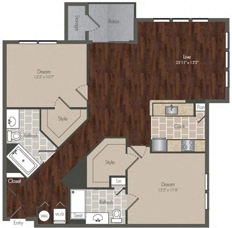 Floor plan for 2 beds, 2 baths, 1165 sqft
